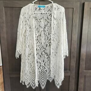 White Lace Open Front Doiley Cardigan 3/4 Sleeve Scallop Eyelash Hem Size S Boho